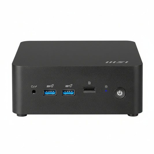 MSI Cubi 5 1M mini PC with Intel Core 7 150U front angled view.

