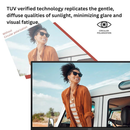 Woman wearing sunglasses with text about TUV verified technology replicating sunlight qualities.