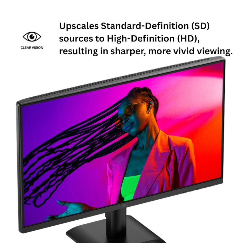 Monitor displaying a colorful image with text about upscaling technology.