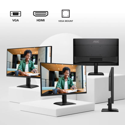 Multiple monitors displaying a person at a desk with connectivity icons above.