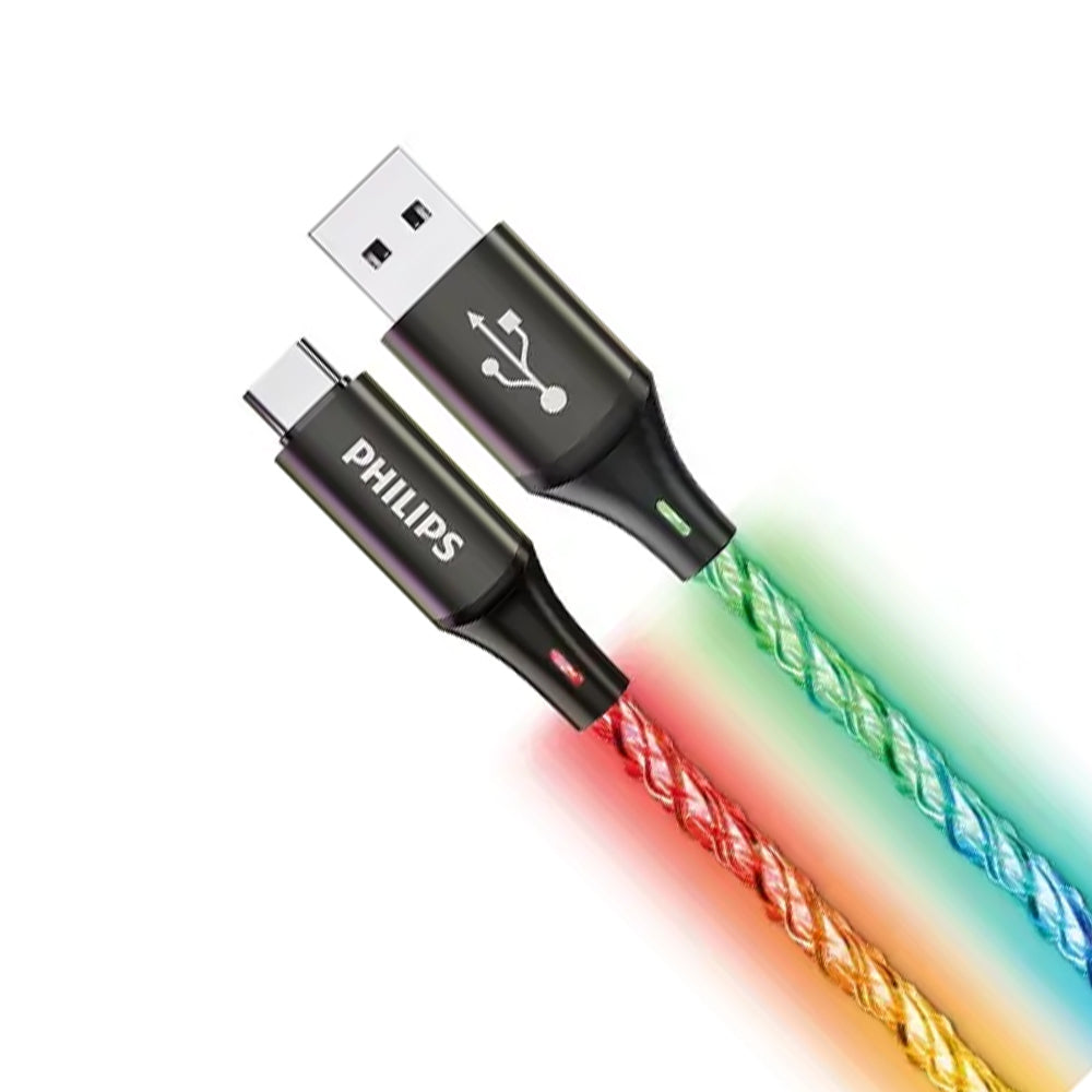 Philips USB-A to USB-C RGB Party Cable 18W fast charge, 1m, braided rainbow lights for charging and data.