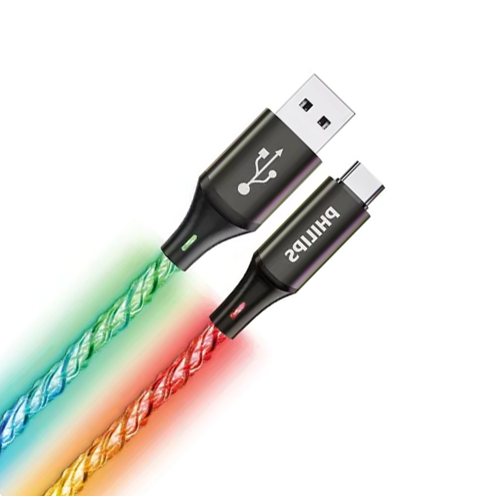 Philips USB-A to USB-C RGB Party Cable, 1m braided RGB-lit, 18W fast charge for charging and data transfer