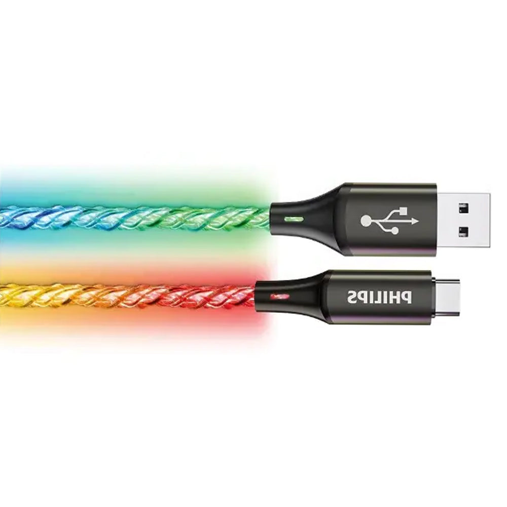 Philips USB-A to USB-C RGB Party Cable, 18W fast charge, 1m, RGB breathing lights for charging and data