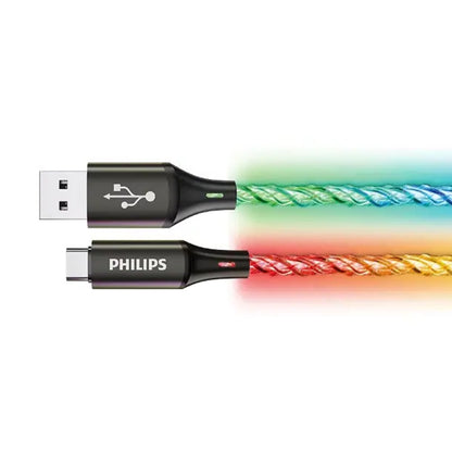 Philips USB-A to USB-C RGB Party Cable, 18W fast charge, 1m braided with breathing RGB lights