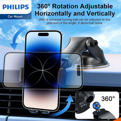 Philips car mount with suction cup base displaying 360-degree rotation adjustment for horizontal and vertical viewing, showing smartphone mounted on car dashboard with directional arrows.