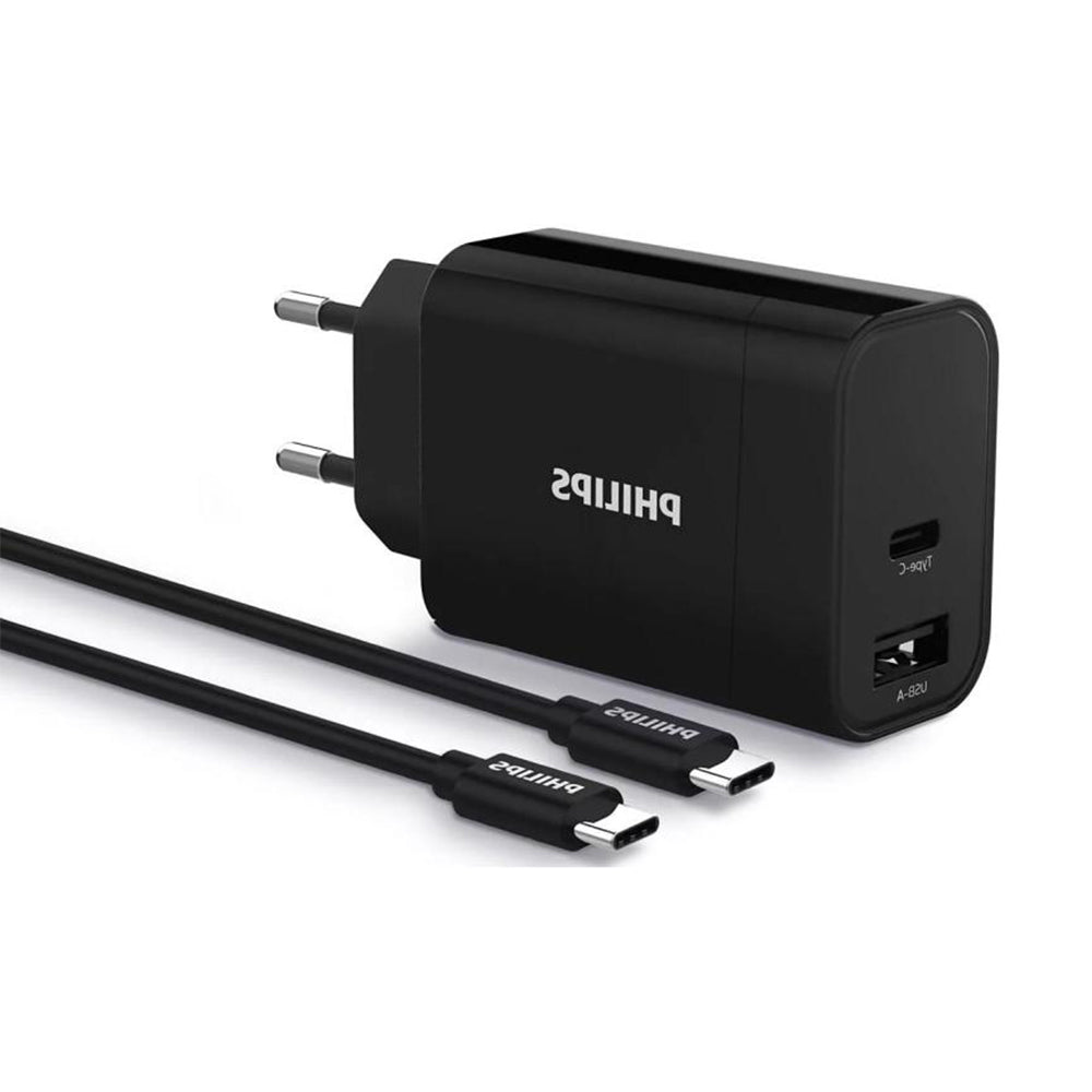 Philips Ultra Fast Charger 30W with USB-C and USB-A ports (PD) DLP2621C/12 and two USB-C cables.