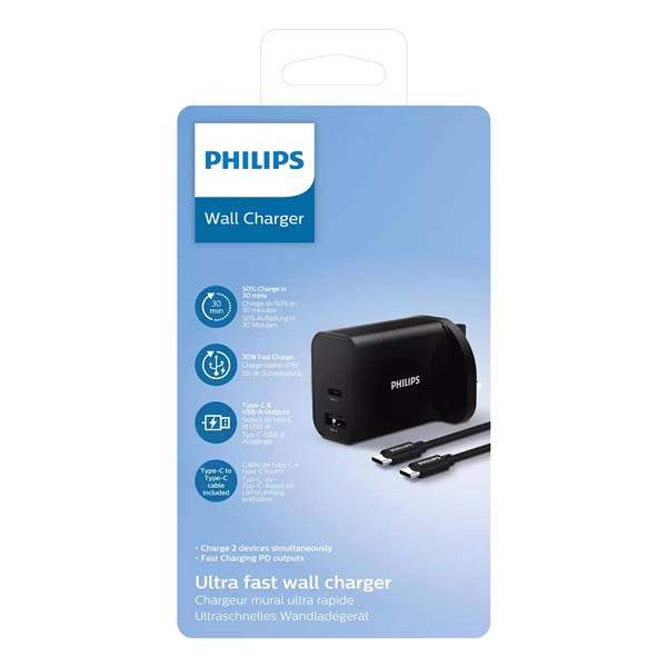 Philips Ultra Fast Charger 30W DLP2621C/12 with USB-C and USB-A, PD support, packaging.