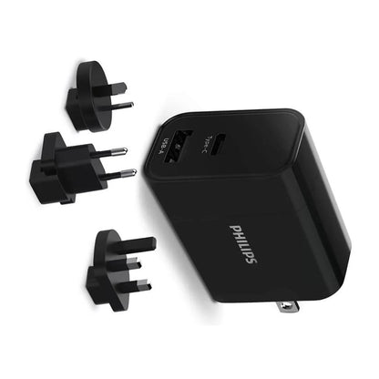 Philips 30W USB travel charger with USB-A and USB-C ports, PD & QC, plus interchangeable EU/US/UK plugs.