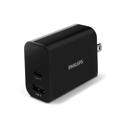 Philips 30W USB travel charger with Type-C and USB-A ports, compact wall plug, PD & QC fast charge, model DLP2621T/00
