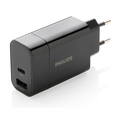 Black Philips 20W dual USB wall charger with USB-C and USB-A ports, EU plug, compact PD fast charger