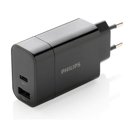 Black Philips 20W dual USB wall charger with USB-C and USB-A ports, EU plug, compact PD fast charger
