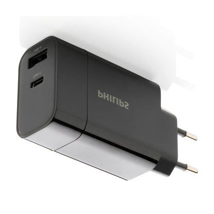 Philips 20W Dual USB Wall Charger (1A+1C) PD Fast Charger - Black, model DLP4324CB/12.