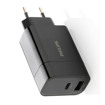 Philips 20W dual USB wall charger with USB-C PD and USB-A port in black (Model DLP4324CB/12)