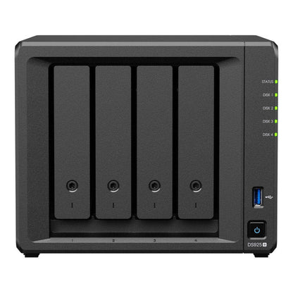 Black network-attached storage device with multiple hard drive bays on a white background