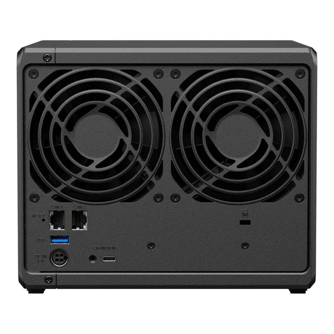 Back view of a computer case with two fans on a white background