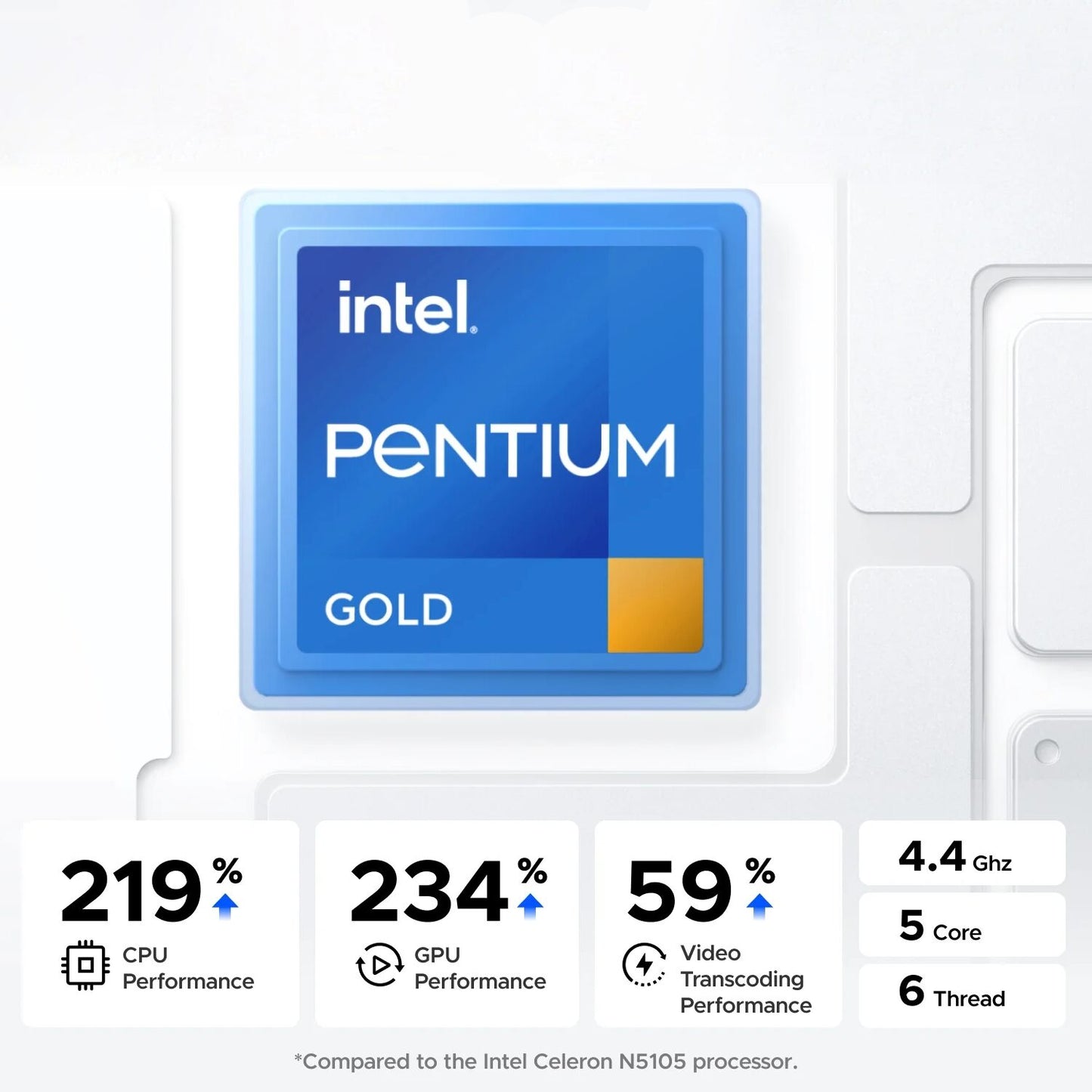 Intel Pentium Gold processor with performance metrics on a white background