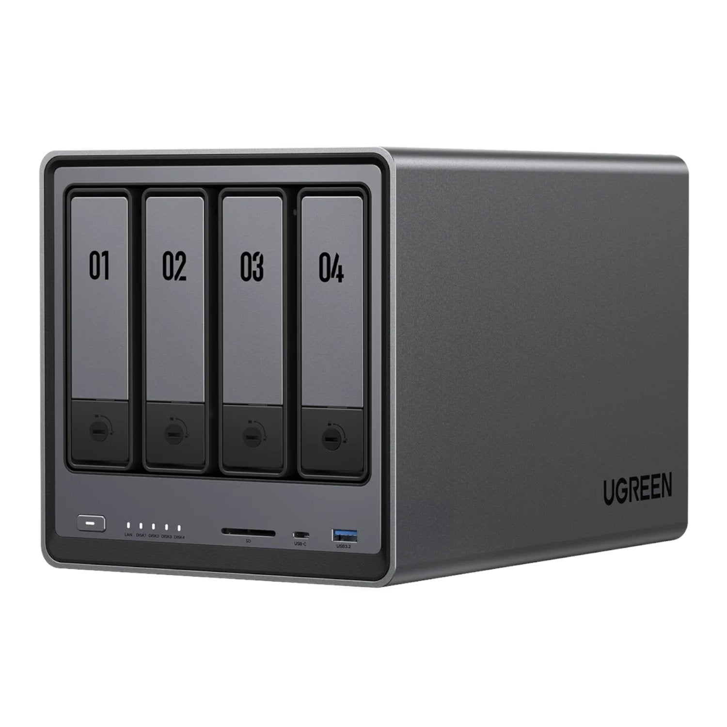 Ugreen external hard drive enclosure with four bays on a white background
