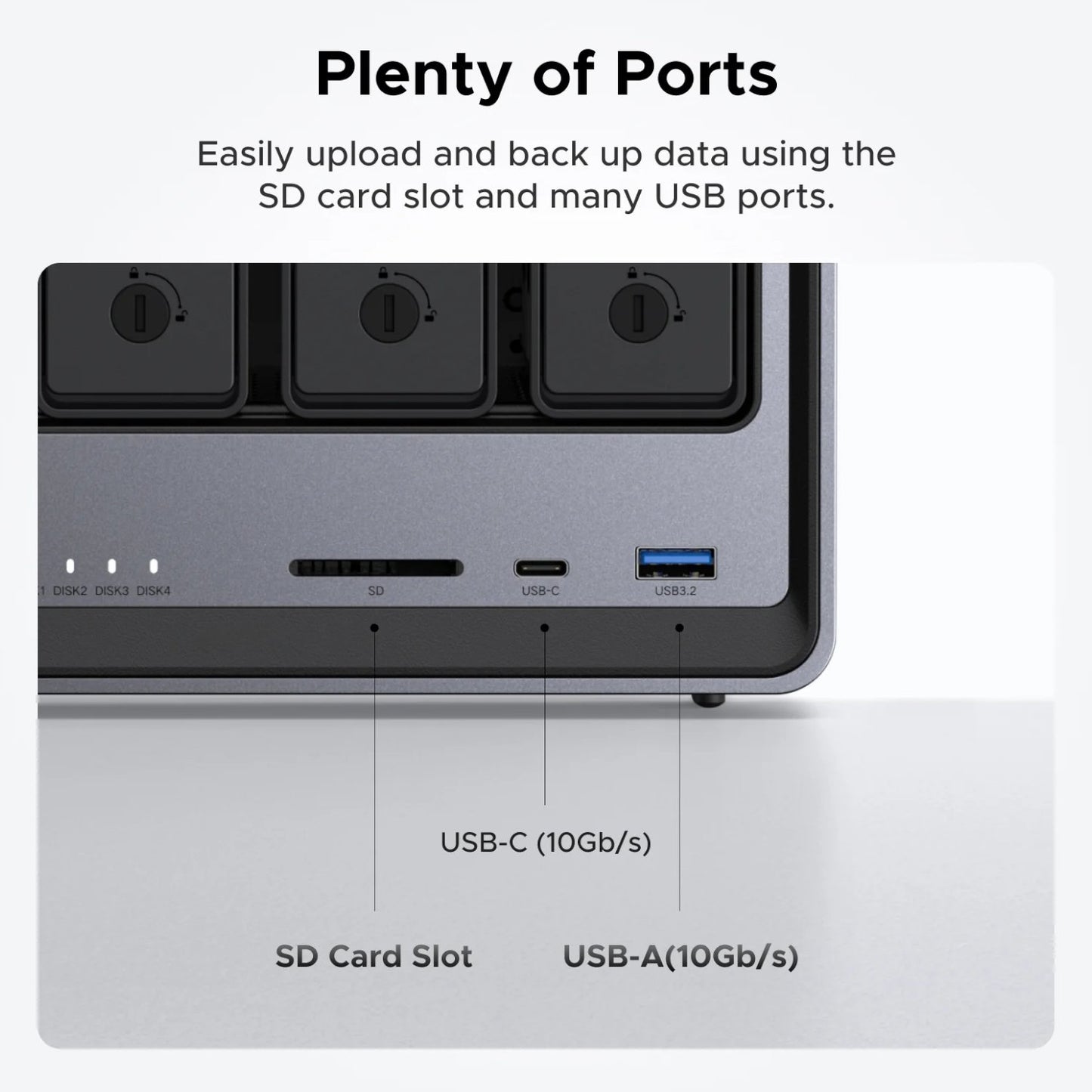 Computer hardware with ports including USB-C, USB-A, and SD card slot on a white background.