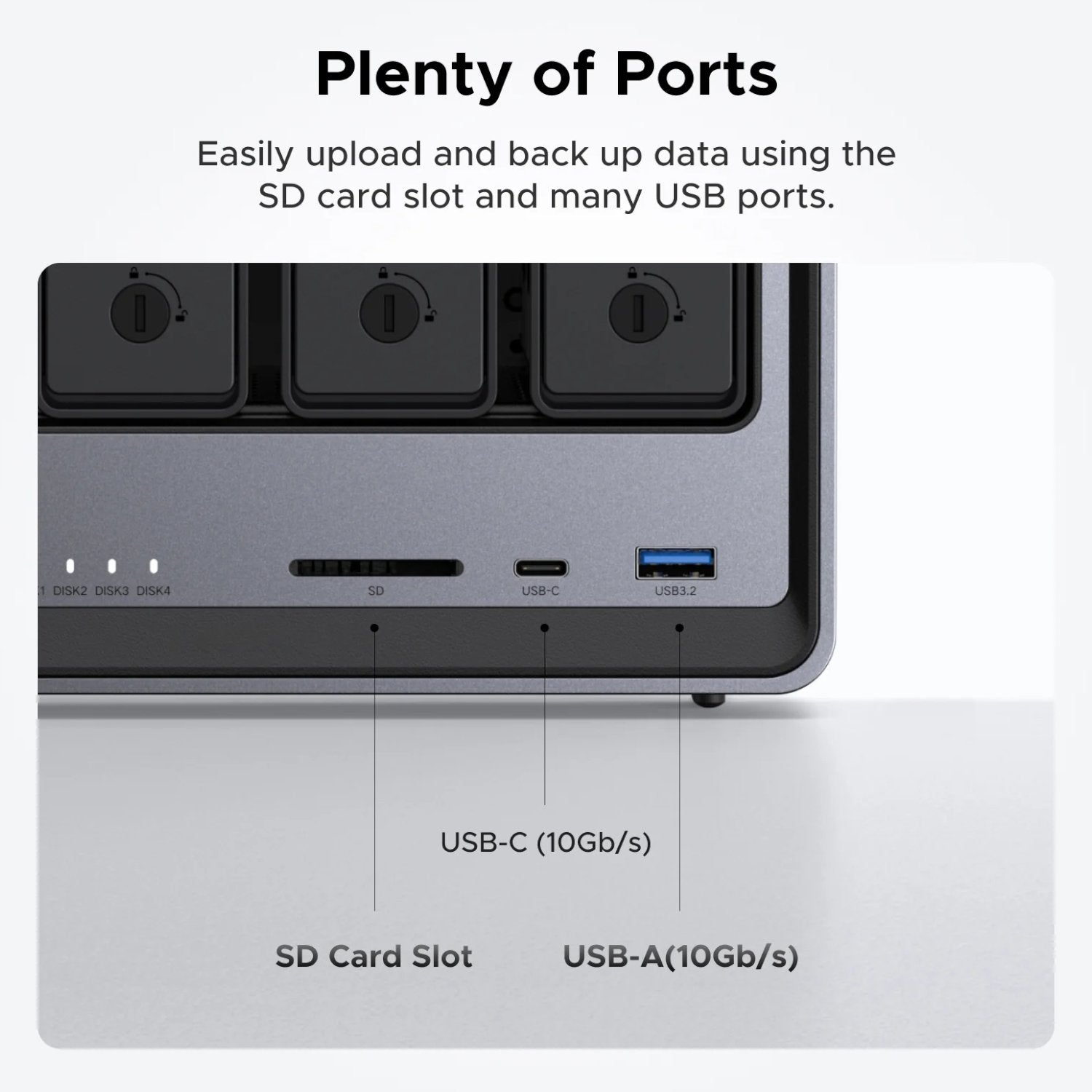 Computer hardware with ports including USB-C, USB-A, and SD card slot on a white background.
