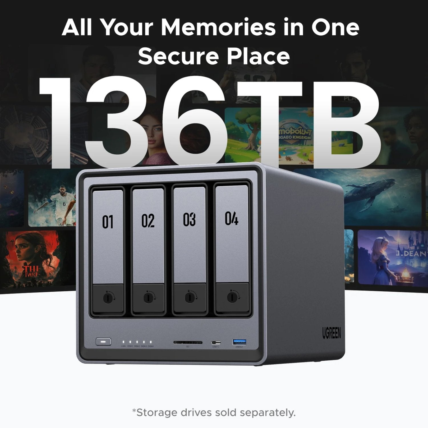 Storage device with four drive bays and promotional text about storage capacity, brand 'UGREEN' visible.