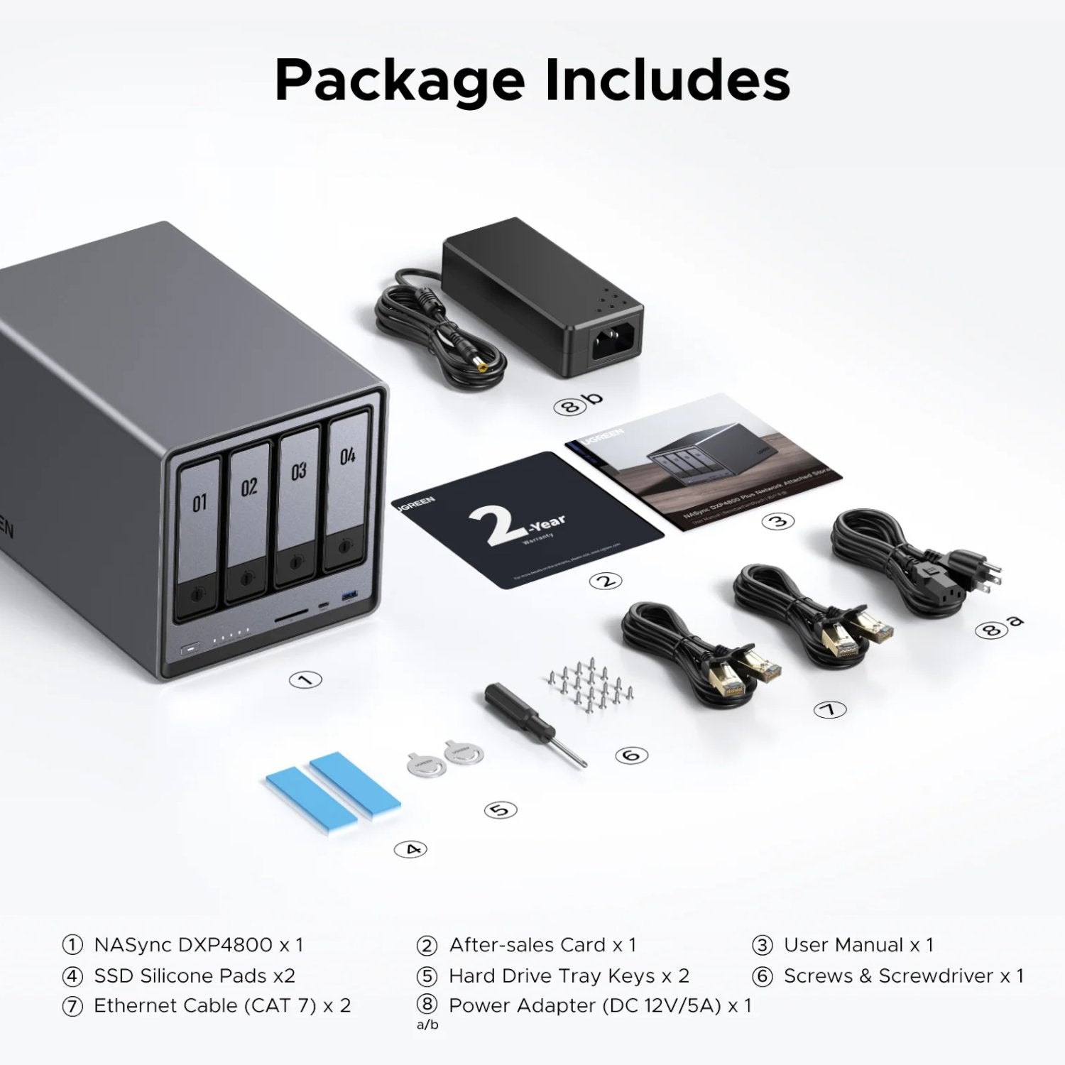 Package contents including NAS device, power adapter, cables, and tools on a white background.
