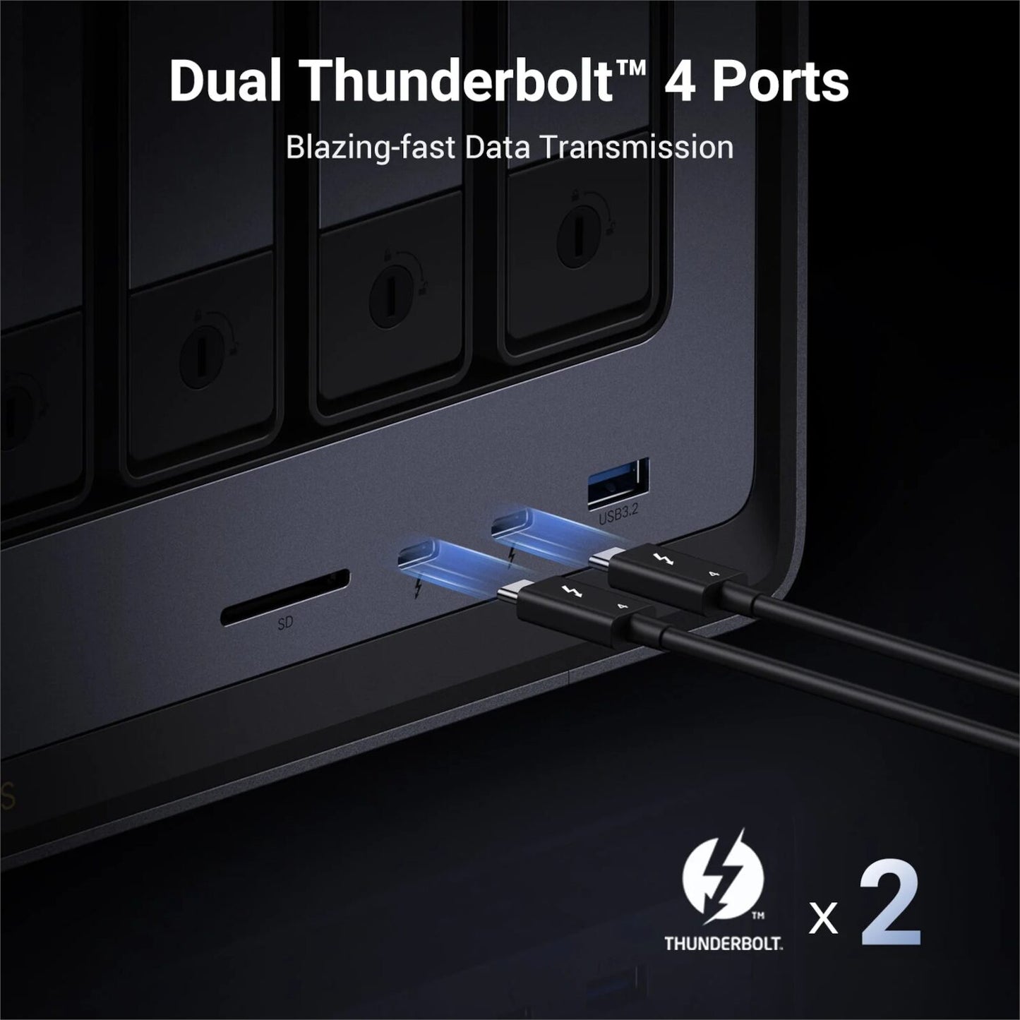 Computer with dual Thunderbolt 4 ports and cables attached on a dark background