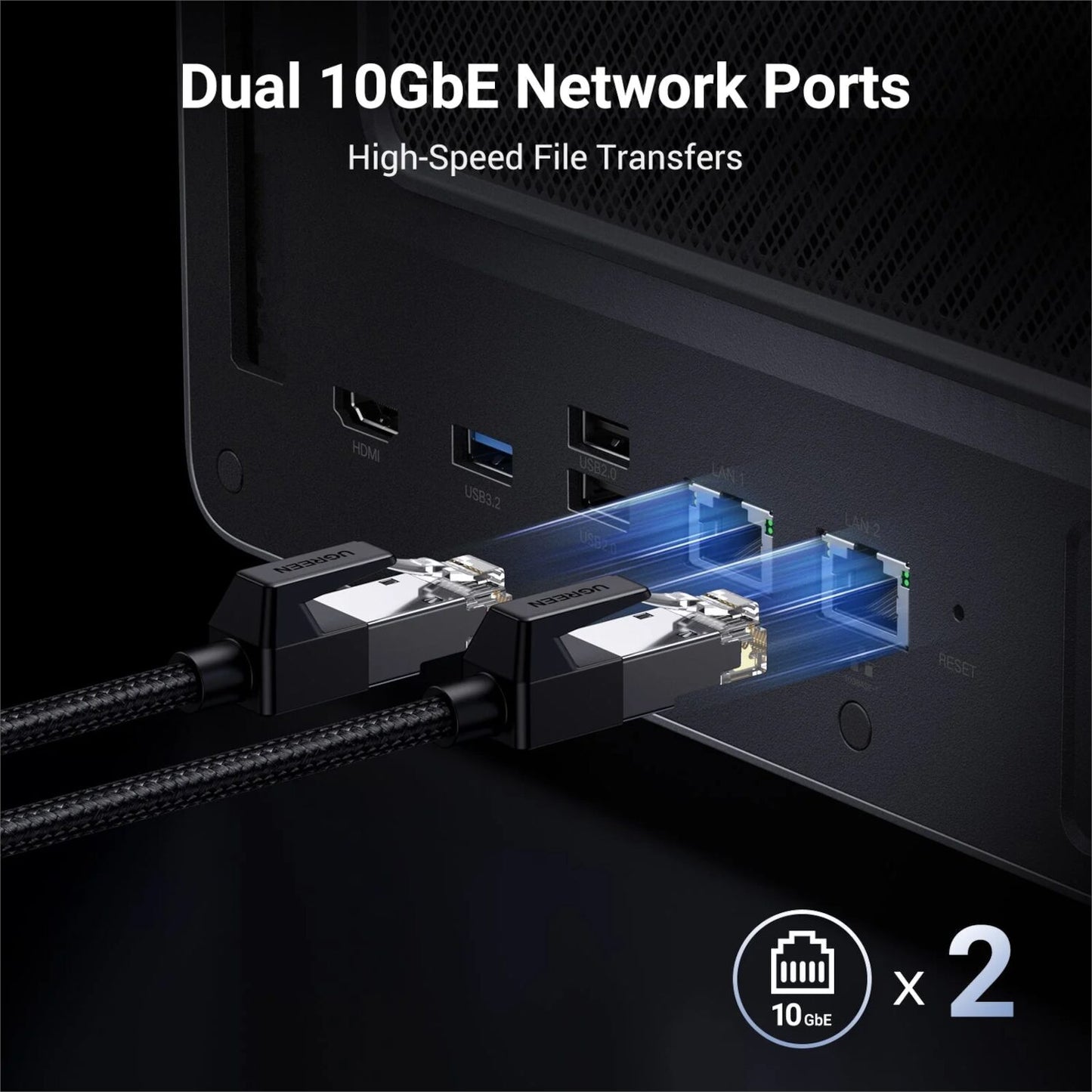 Network cable connected to a device with dual 10GbE network ports on a black background.