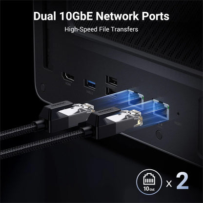 Network cable connected to a device with dual 10GbE network ports on a black background.