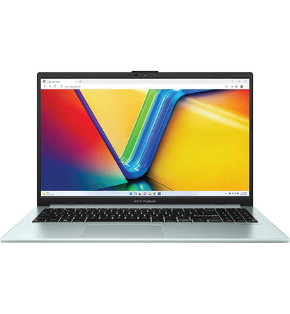 Silver laptop with colorful display on a white background