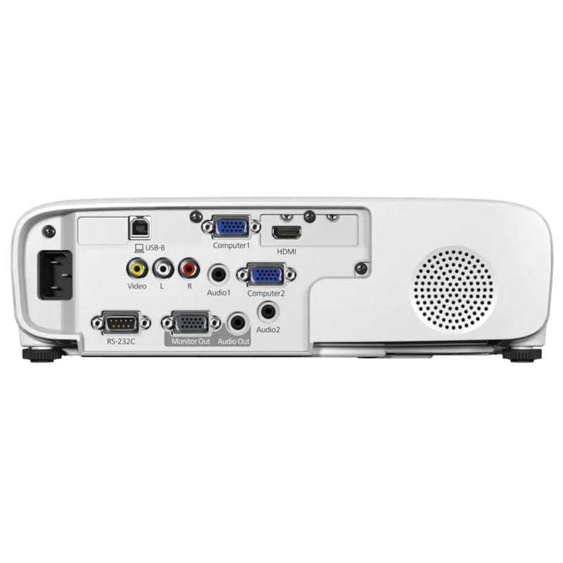 Back view of a white projector with various ports on a white background