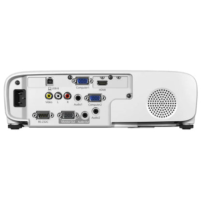 Back view of a white projector with various ports on a white background