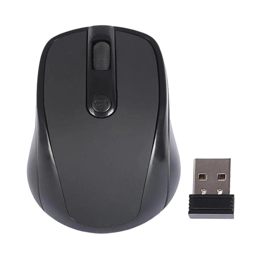 Black computer mouse with USB receiver on a white background