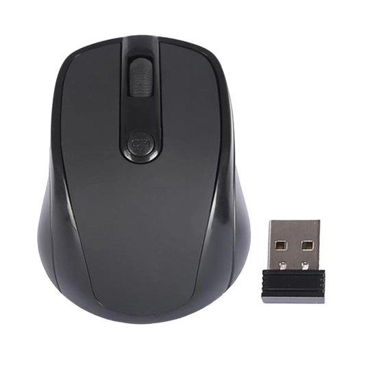 Black computer mouse with USB receiver on a white background