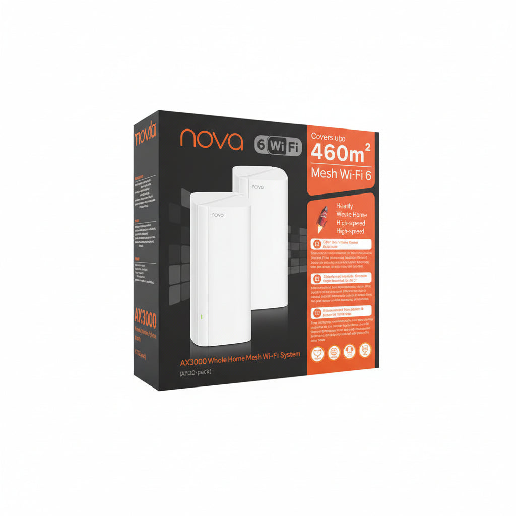 Front view of a Tenda Nova EX12 AX3000 mesh Wi-Fi 6 node.

