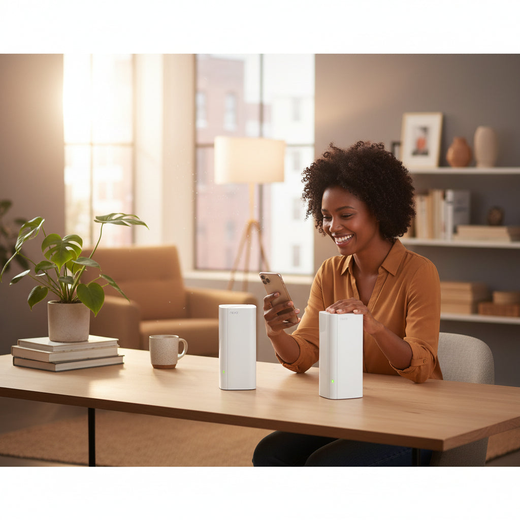 Context image of the mesh system installed in a large modern home with multiple connected devices streaming 4K video and gaming.

