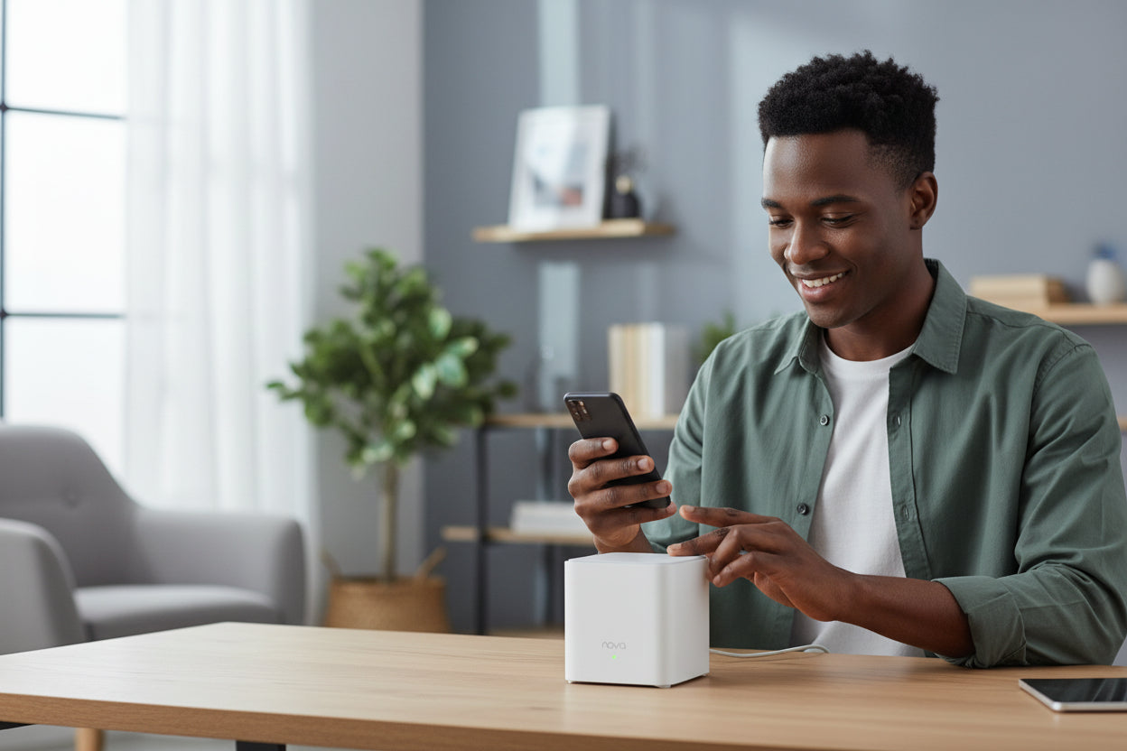 Context image of the mesh system installed in a modern home with multiple connected devices.

