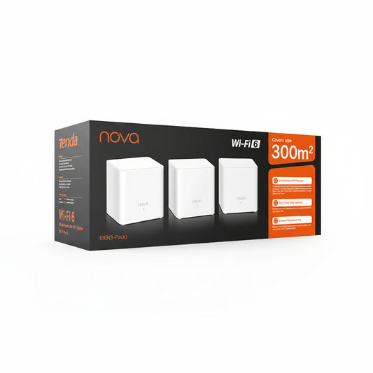 Front view of a Tenda EX3 AX1500 mesh Wi-Fi 6 node.

