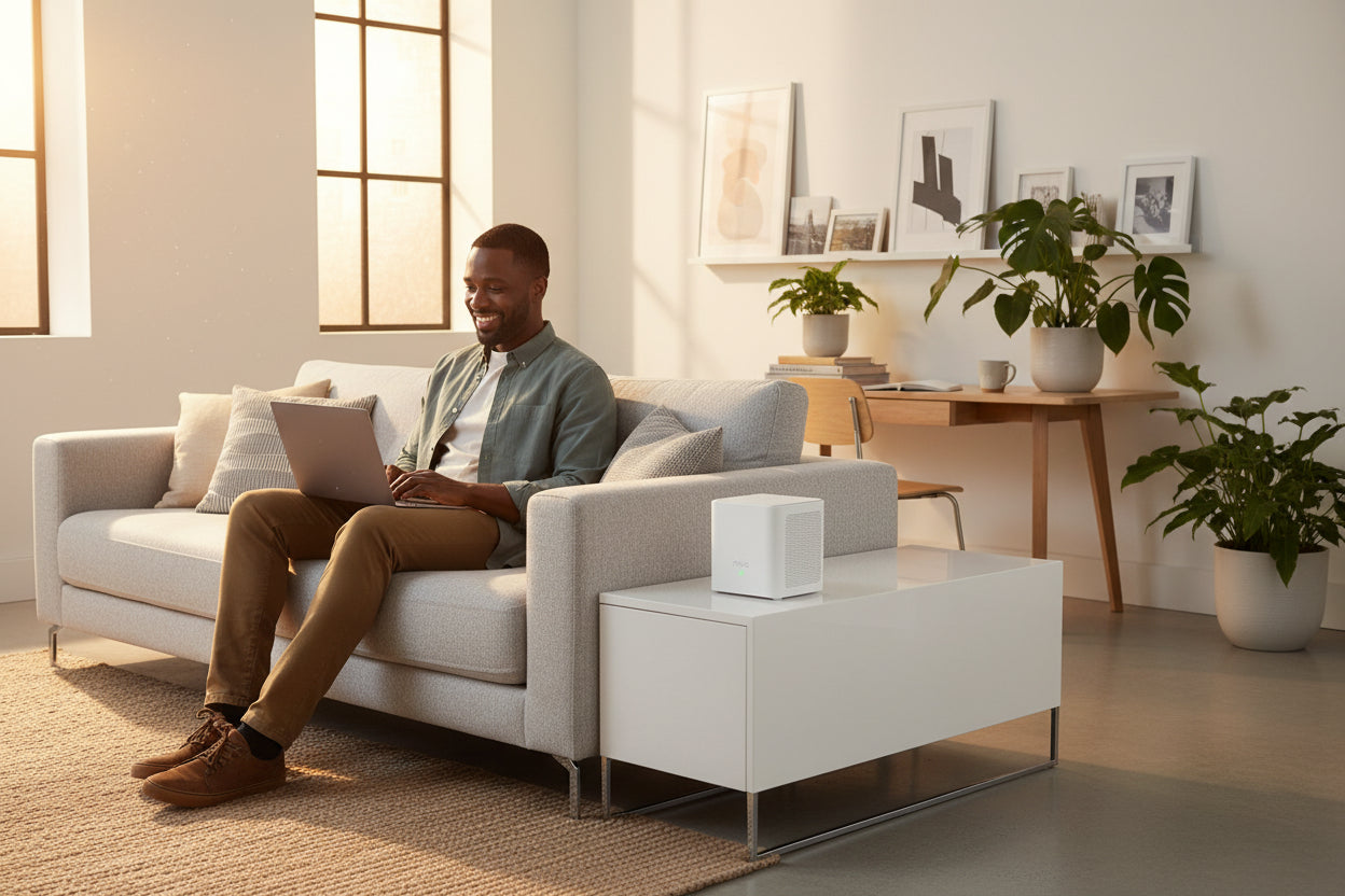 Context image of the mesh system installed in a modern home with multiple connected devices.


