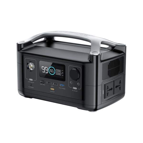 Black portable power station with digital display on a white background