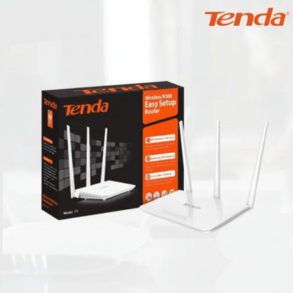 Front view of the Tenda F3 300Mbps wireless N router with 3 external antennas.

