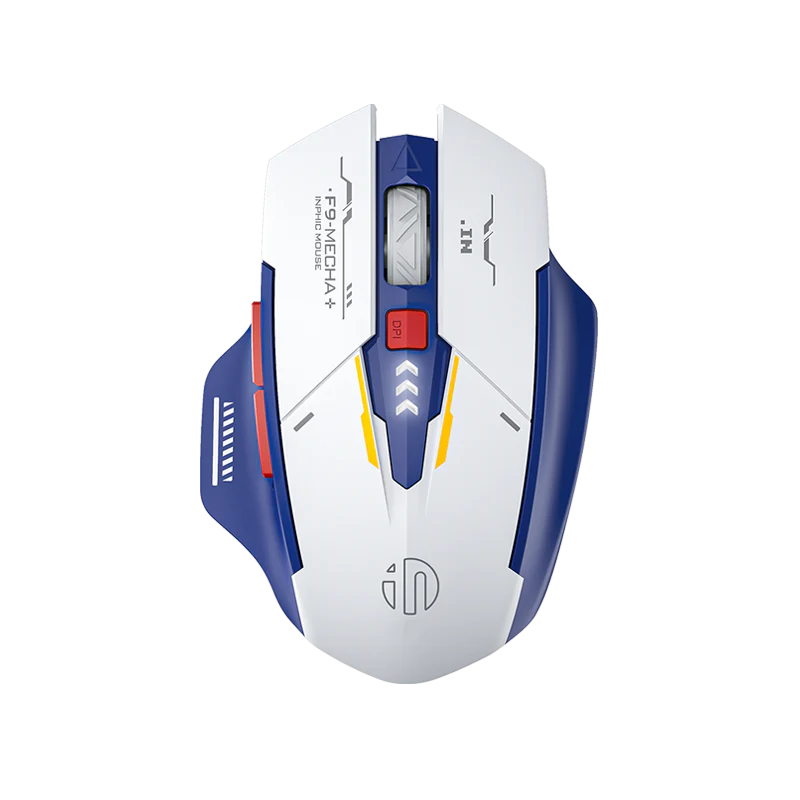 Top view of the Inphic F9 Mecha+ wireless mouse in white, blue, and yellow with a central DPI button.