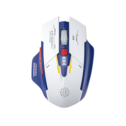 Top view of the Inphic F9 Mecha+ wireless mouse in white, blue, and yellow with a central DPI button.