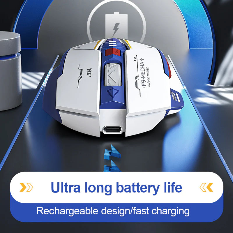 Front view of the Inphic F9 Mecha+ wireless mouse showing the charging port and battery icon graphic
