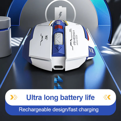 Front view of the Inphic F9 Mecha+ wireless mouse showing the charging port and battery icon graphic