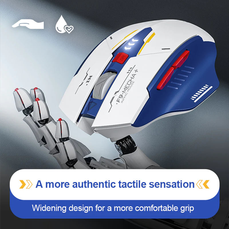 Side view of the Inphic F9 Mecha+ mouse highlighting its widened ergonomic design for improved grip.