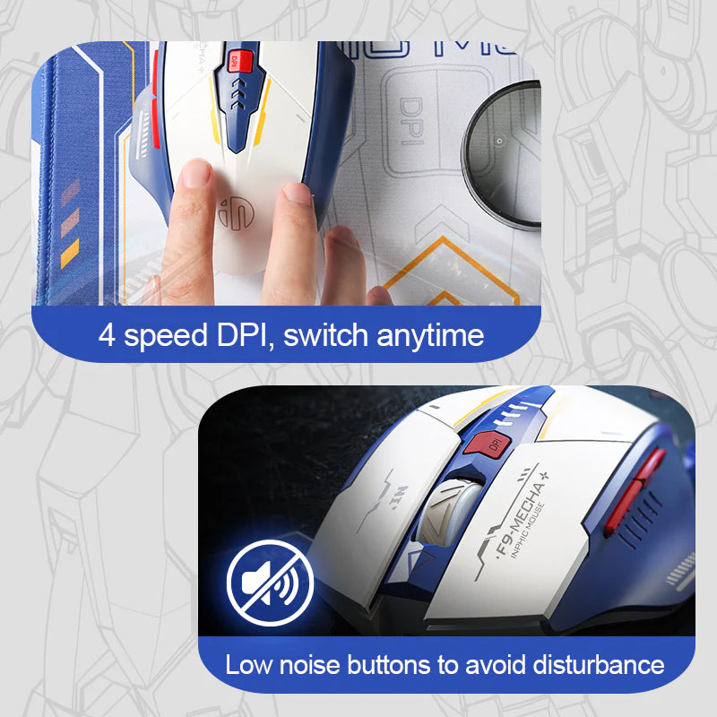 Inphic F9 Mecha+ mouse shown during use, highlighting DPI adjustment and low-noise button design.