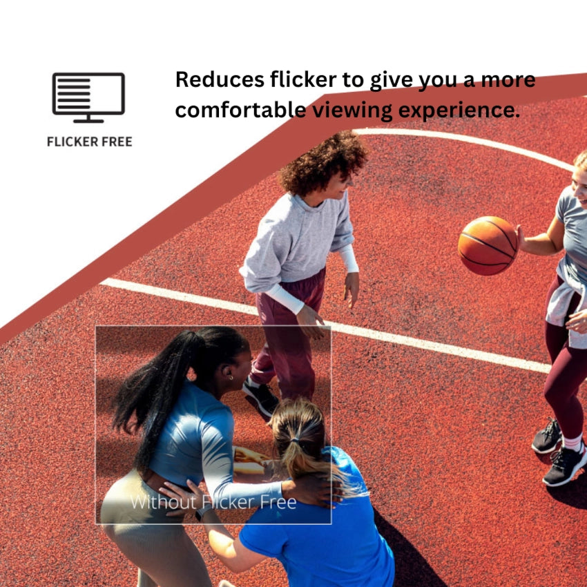 Two women playing basketball on a court with text about flicker-free technology.