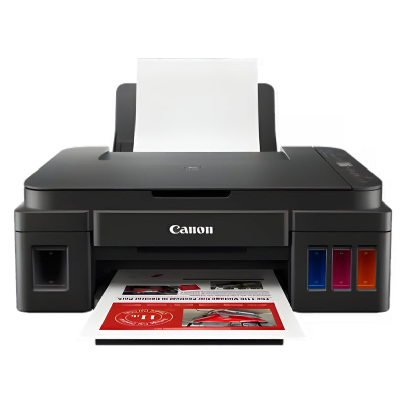 Canon printer with paper in on a white background