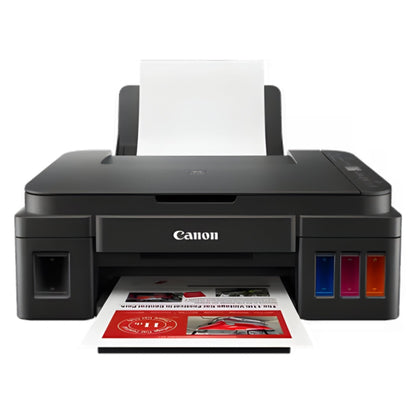 Canon printer with paper in on a white background