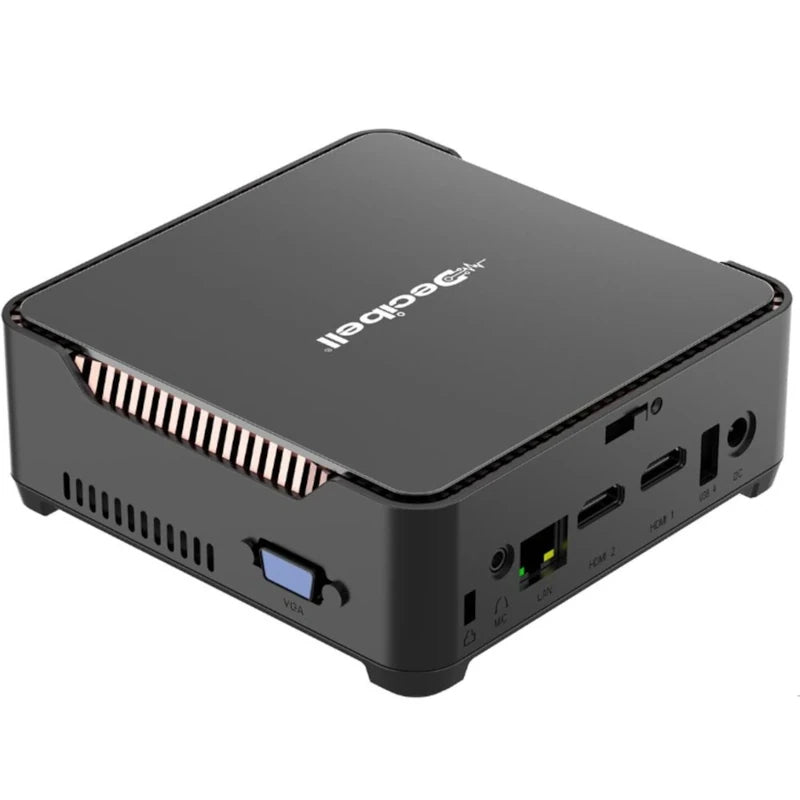 Black mini PC with multiple ports on a white background